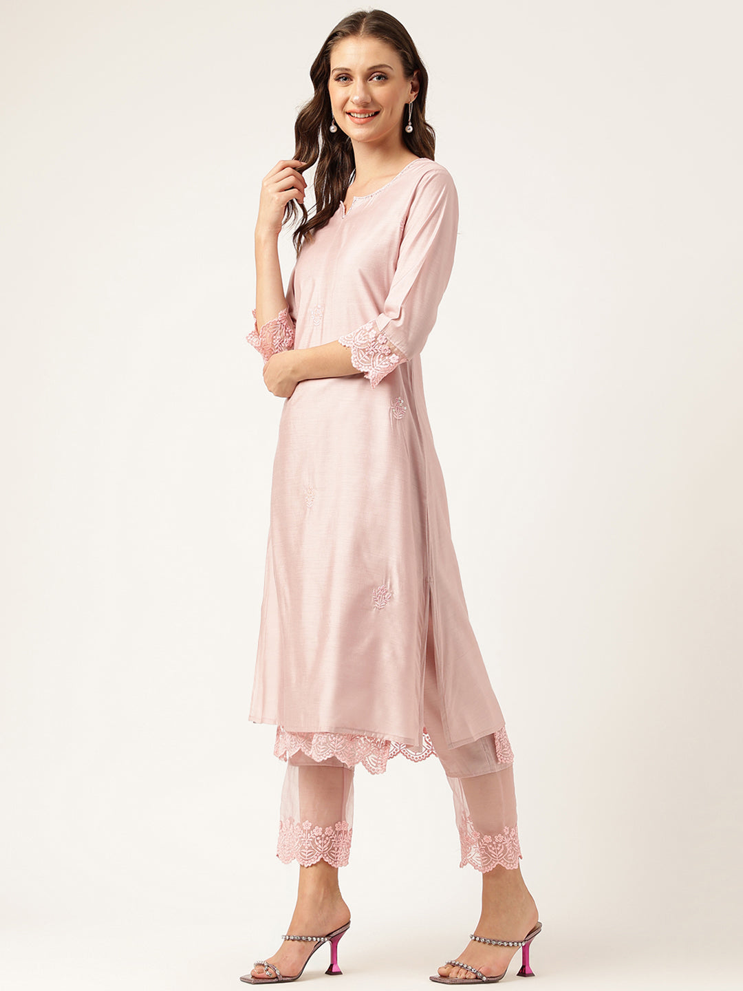 Solid Chanderi Kurta with Inner, Trouser Inner & Dupatta Set